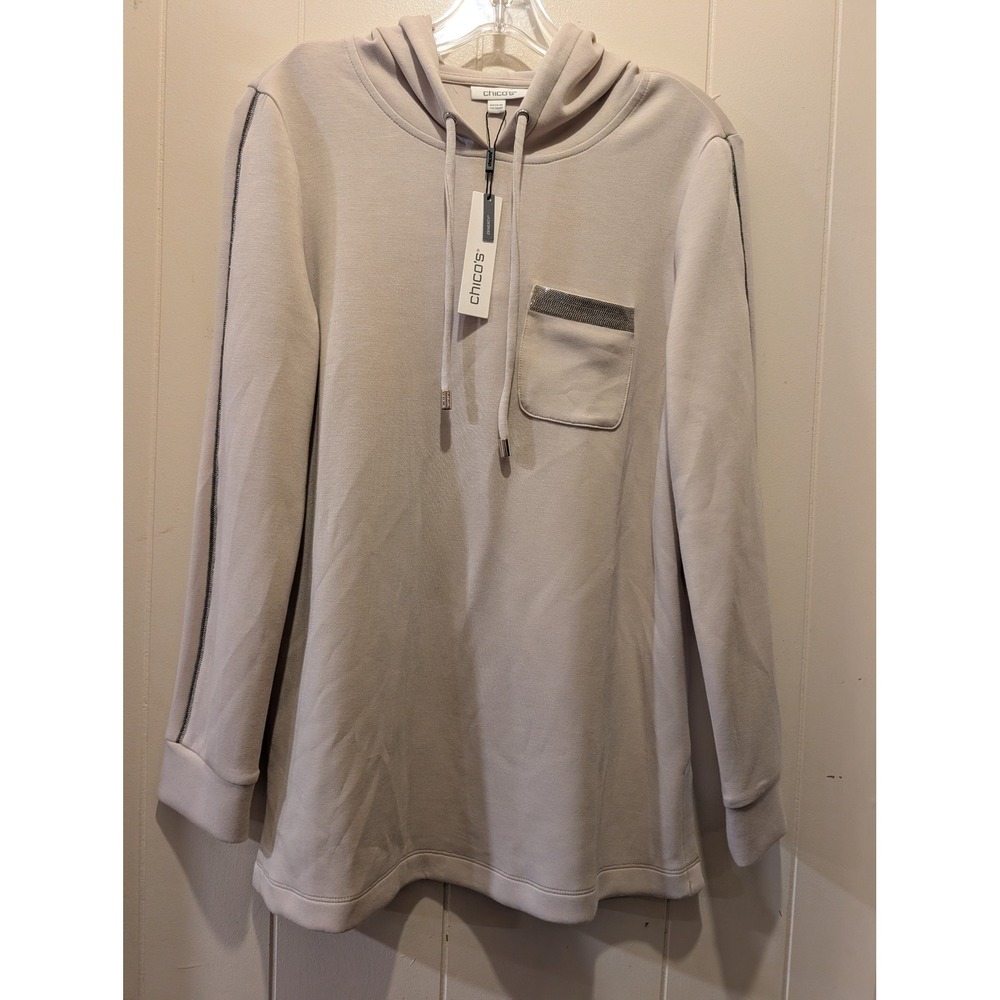 Chicos Zenergy Soft Scuba Hoodie Smokey Taupe Metallic Trim Pocket Top Size 0 S